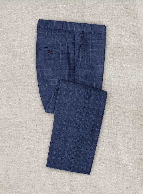 Italian Linen Oxford Blue Checks Pants - StudioSuits