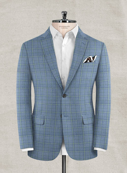 Italian Murano Anardo Blue Checks Wool Linen Jacket - StudioSuits