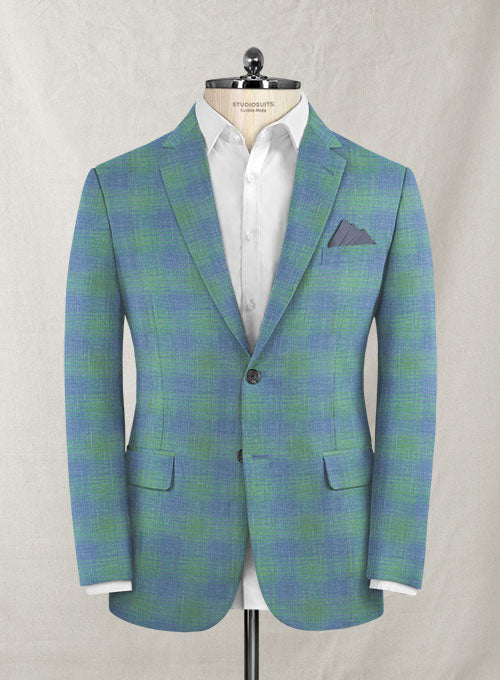 Italian Murano Blue Green Checks Wool Linen Jacket - StudioSuits