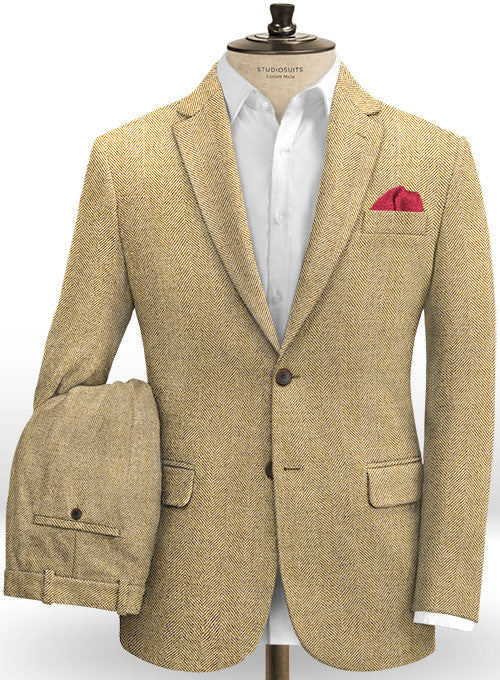 Italian Wide Herringbone Beige Tweed Suit - StudioSuits