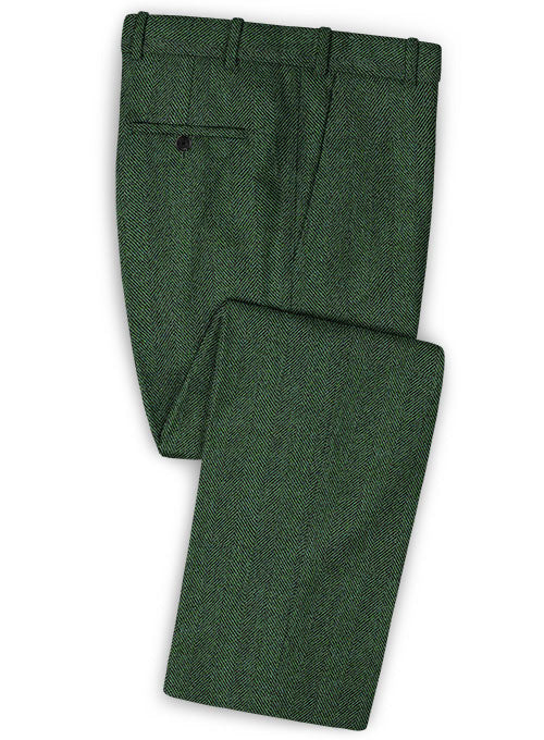 Italian Wide Herringbone Green Tweed Pants - StudioSuits