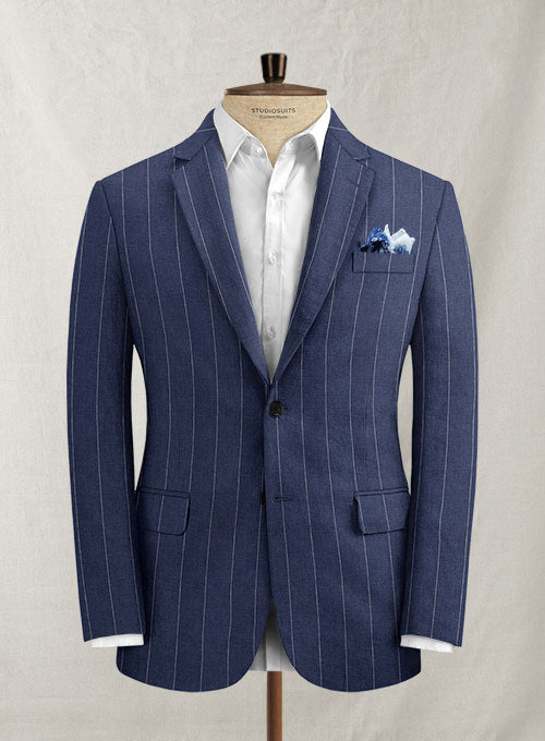 Italian Linen Big Stripe Indigo Blue Jacket - StudioSuits
