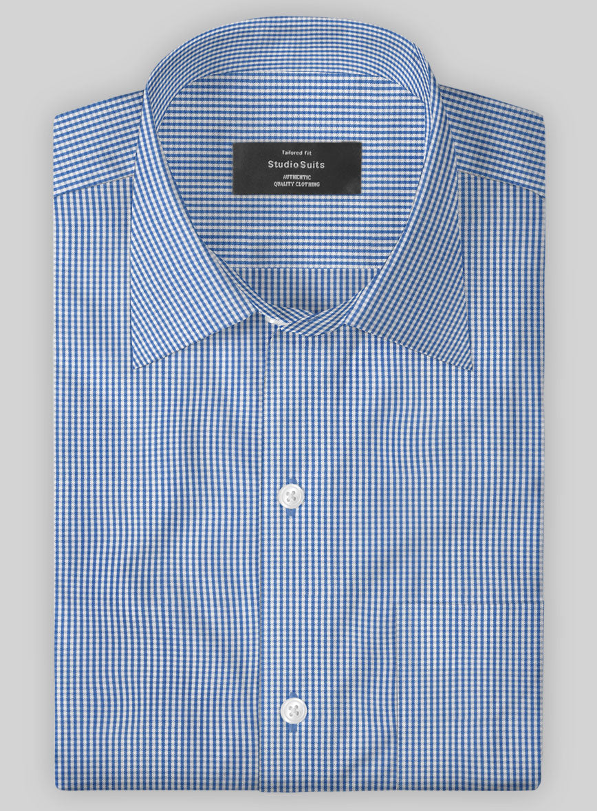 Italian Lombardo Mini Gingham Yale Blue Checks Shirt - StudioSuits