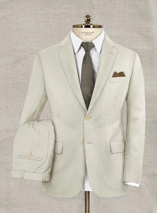 Italian Murano Ivory Herringbone Wool Linen Suit - StudioSuits