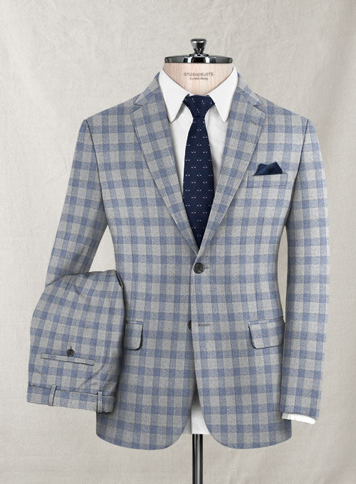 Italian Wool Cashmere Gray Blue Checks Suit - StudioSuits