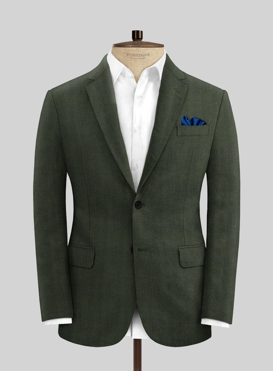 Italian Prato Olive Green Herringbone Linen Jacket - StudioSuits