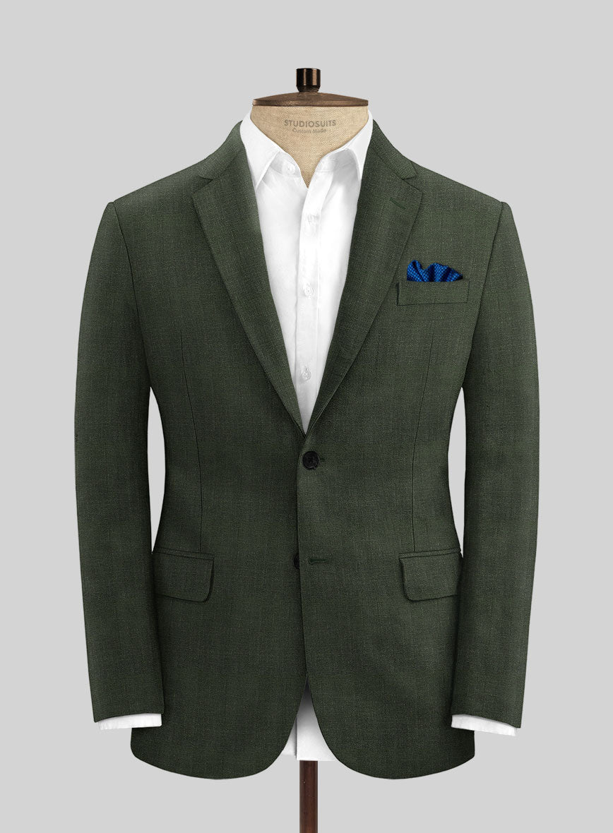 Italian Prato Olive Green Herringbone Linen Suit - StudioSuits
