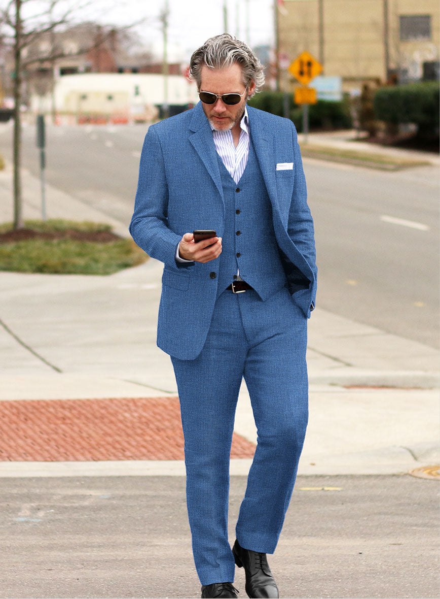 Dark Blue Sharkskin Double Breasted Slim 2 Piece Suit