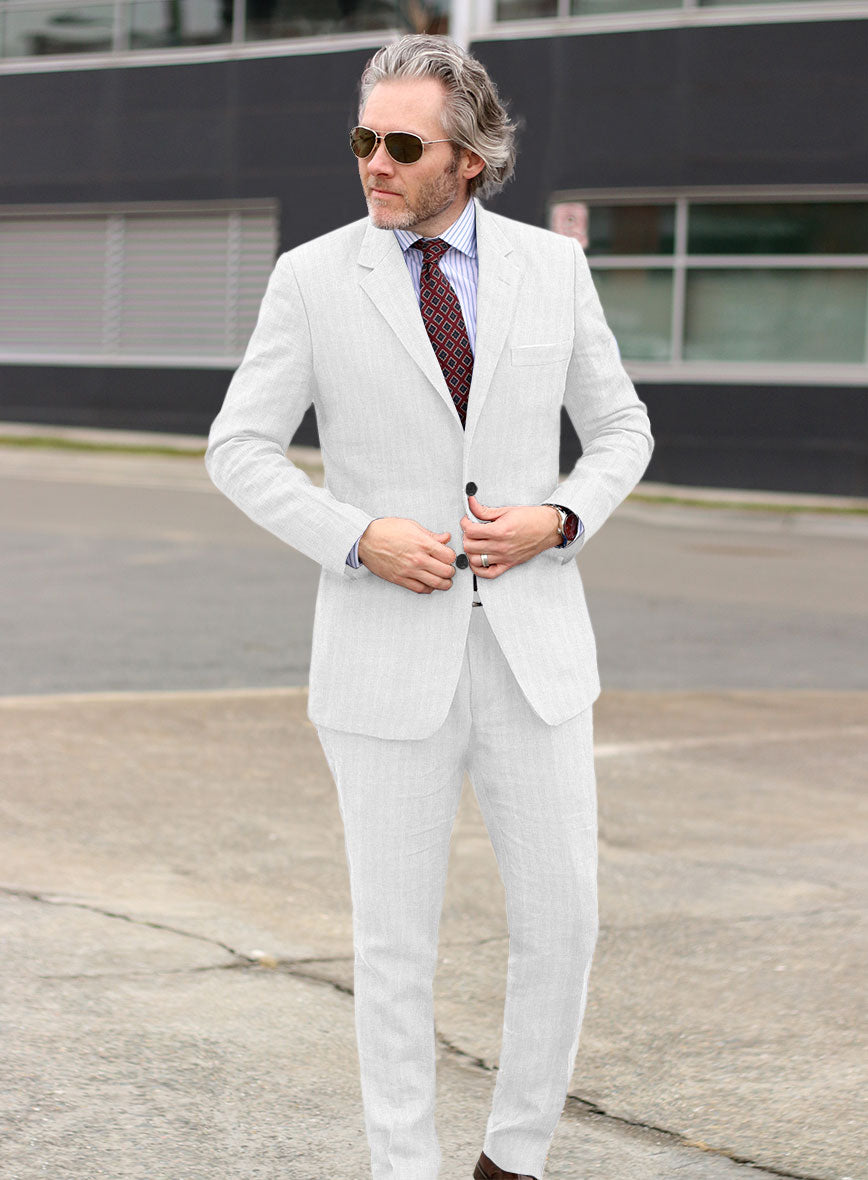 Italian Prato White Herringbone Linen Suit - StudioSuits