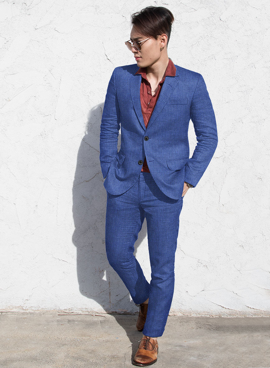 Italian Prato Blue Houndstooth Linen Suit - StudioSuits