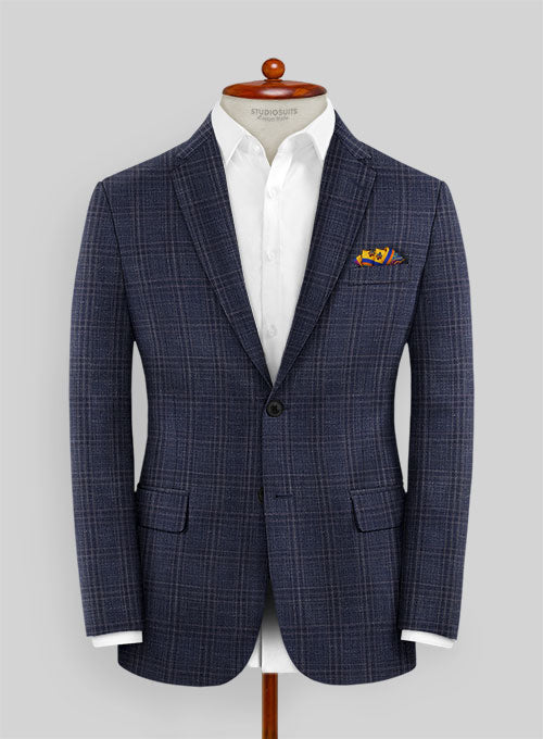 Italian Wool Silk Linen Vrella Blue Checks Jacket - StudioSuits
