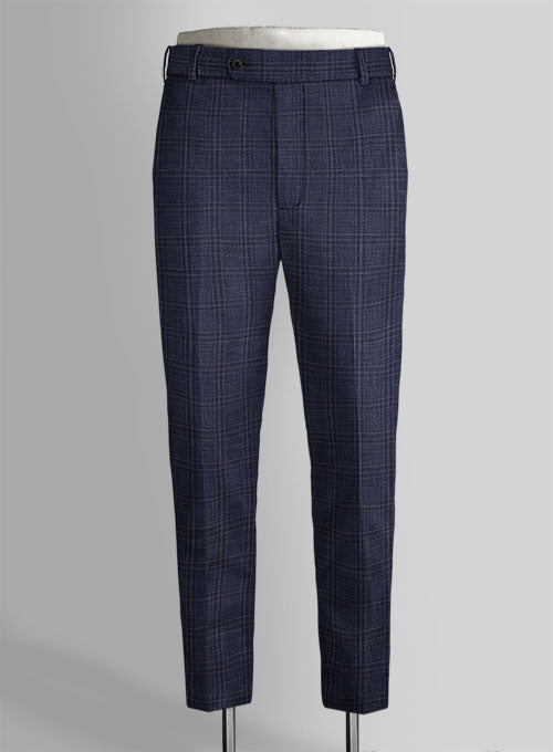 Italian Wool Silk Linen Vrella Blue Checks Pants - StudioSuits