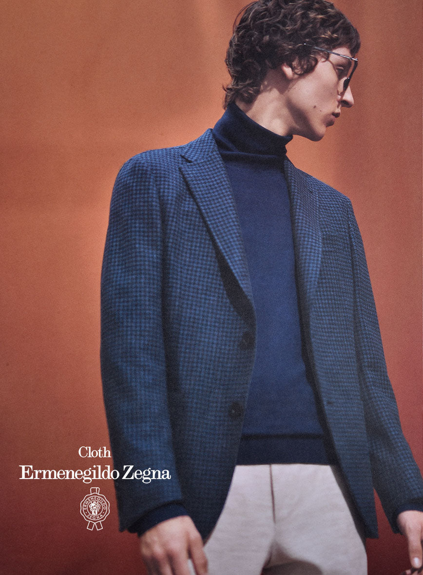 Lanificio Zegna Trofeo Blue Houndstooth Cashmere Jacket - StudioSuits