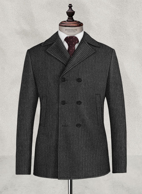 Light Weight Charcoal Stripe Tweed Pea Coat - StudioSuits