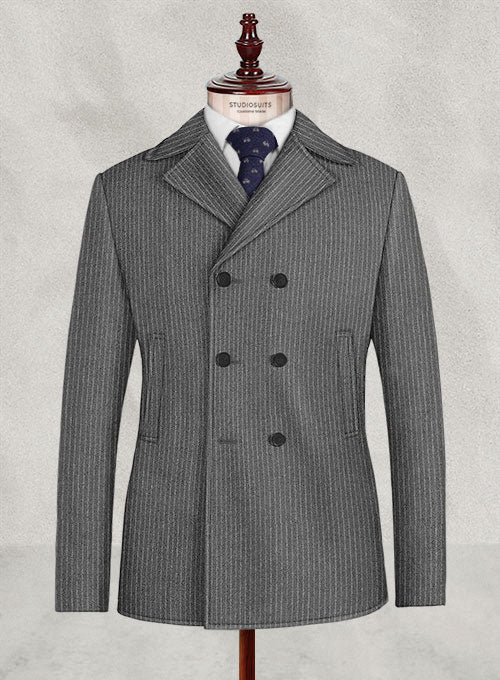 Light Weight Gray Stripe Tweed Pea Coat - StudioSuits