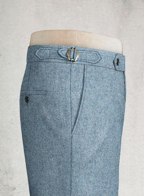 Light Blue Herringbone Highland Tweed Trousers - StudioSuits