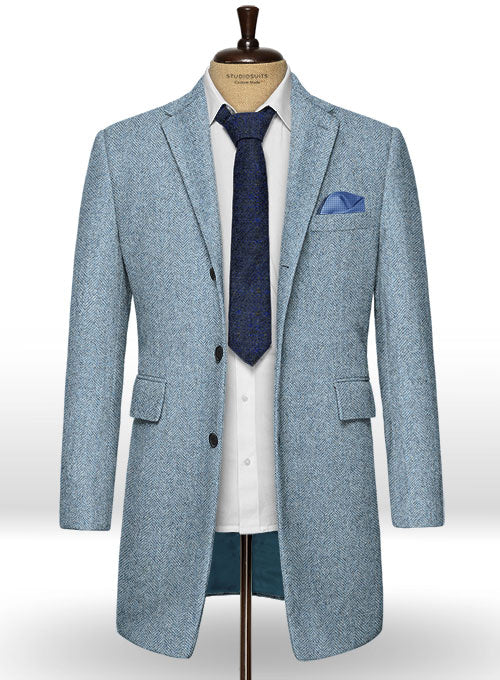 Light Blue Herringbone Tweed Overcoat - StudioSuits
