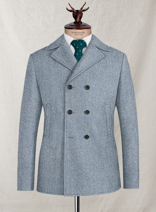 Light Blue Denim Tweed Pea Coat - StudioSuits