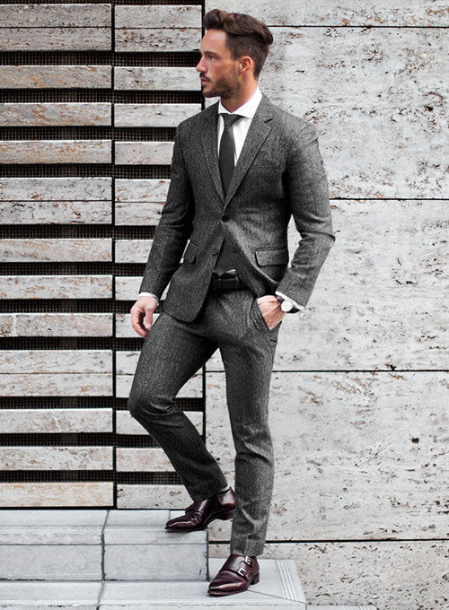 Light Weight Slubby Black Tweed Suit - StudioSuits