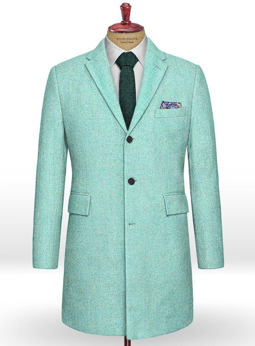 Melange Aqua Blue Tweed Overcoat - StudioSuits