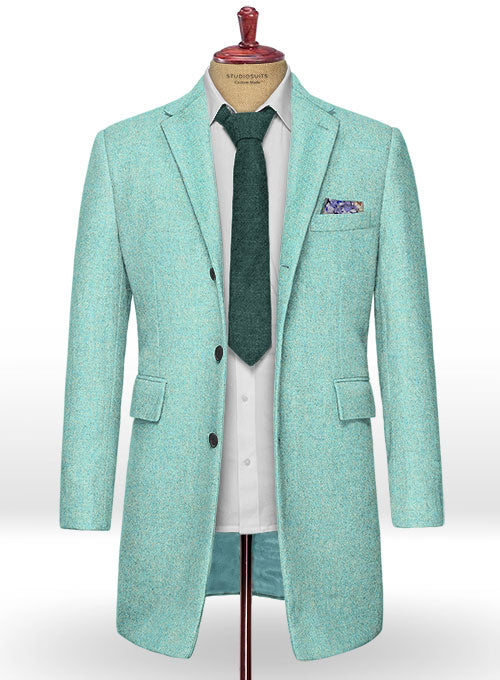 Melange Aqua Blue Tweed Overcoat - StudioSuits