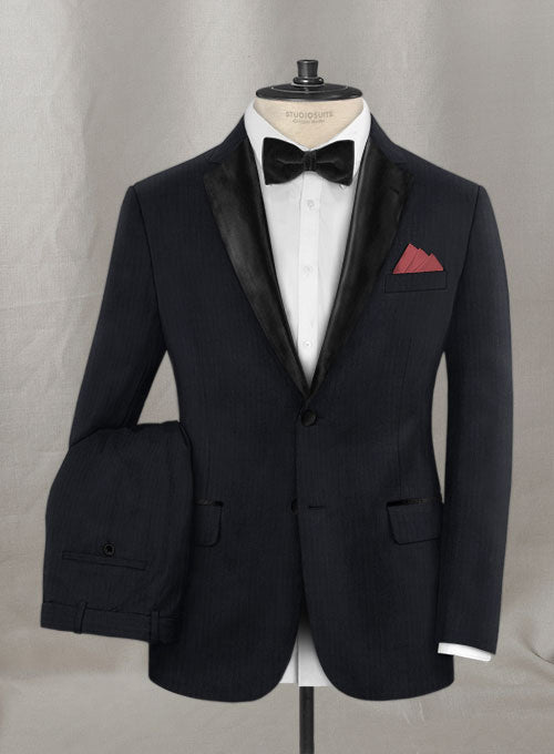 Napolean Dark Blue Herrringbone Wool Tuxedo Suit - StudioSuits