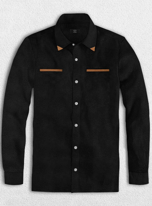 Pure Black Linen Leather Trim Shirt