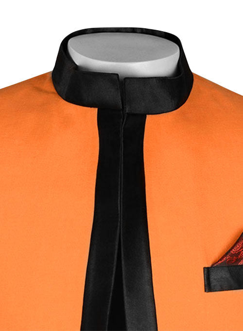 Pure Neon Orange Linen Nehru Tuxedo Jacket - StudioSuits
