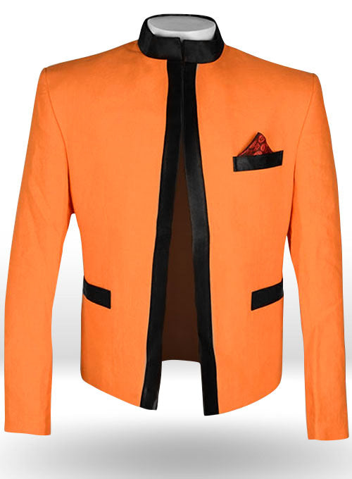 Pure Neon Orange Linen Nehru Tuxedo Jacket - StudioSuits