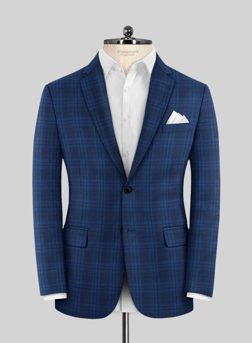 Reda Cobalt Blue Checks Wool Jacket - StudioSuits