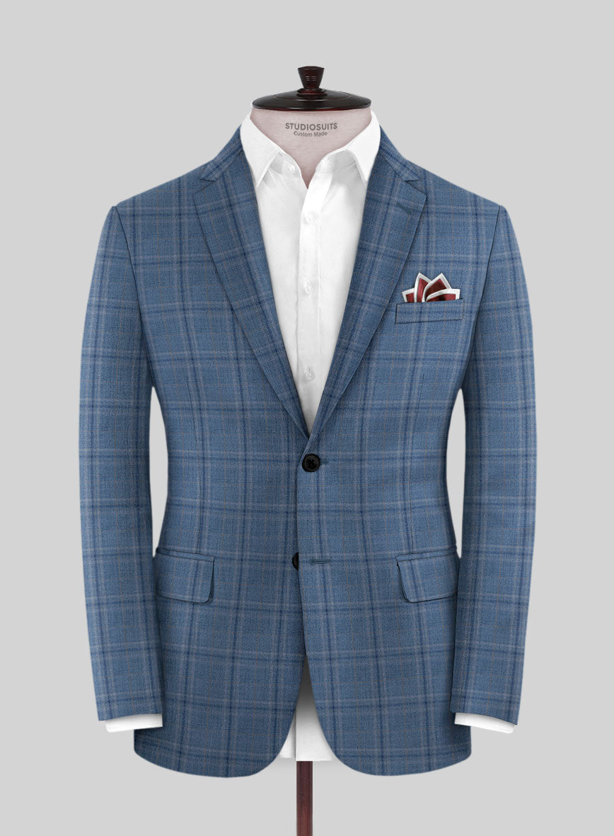 Reda Sky Blue Checks Wool Jacket - StudioSuits