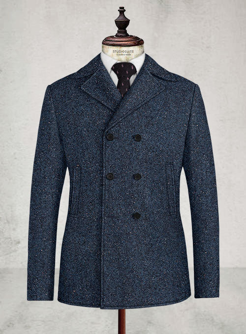 Royal Blue Flecks Donegal Tweed Pea Coat - StudioSuits