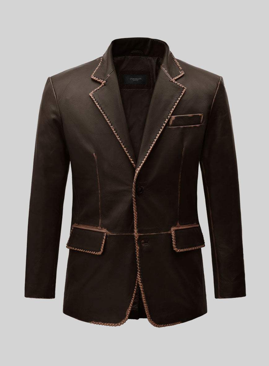 Rubbed Dark Brown Medieval Leather Blazer - StudioSuits