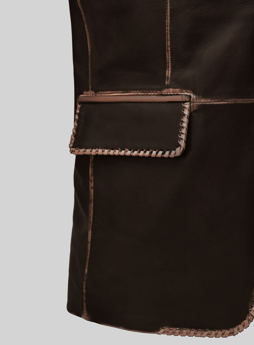 Rubbed Dark Brown Medieval Leather Blazer - StudioSuits