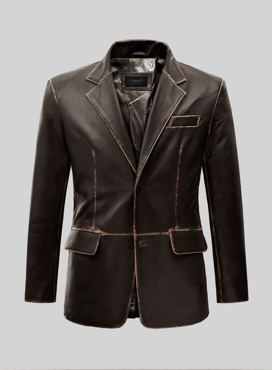 Rubbed Brown Leather Blazer - StudioSuits