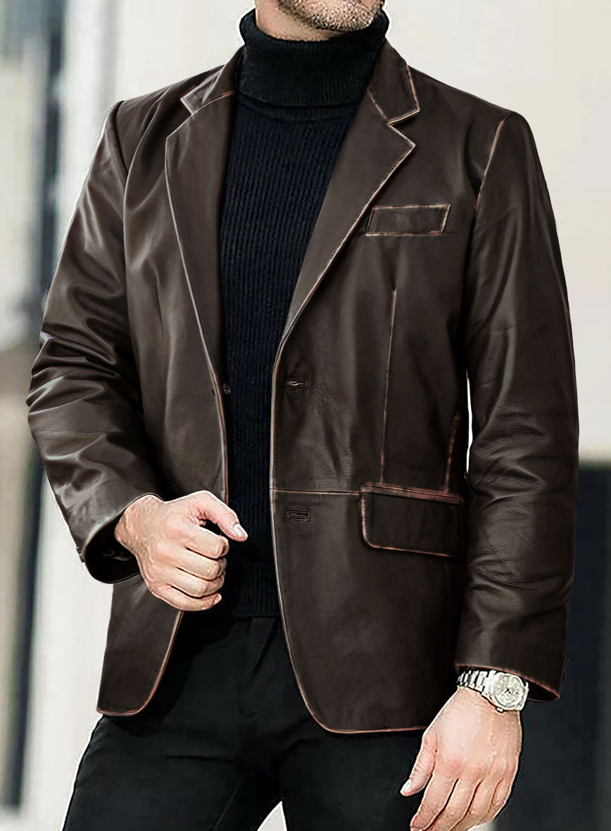 Rubbed Brown Leather Blazer - StudioSuits