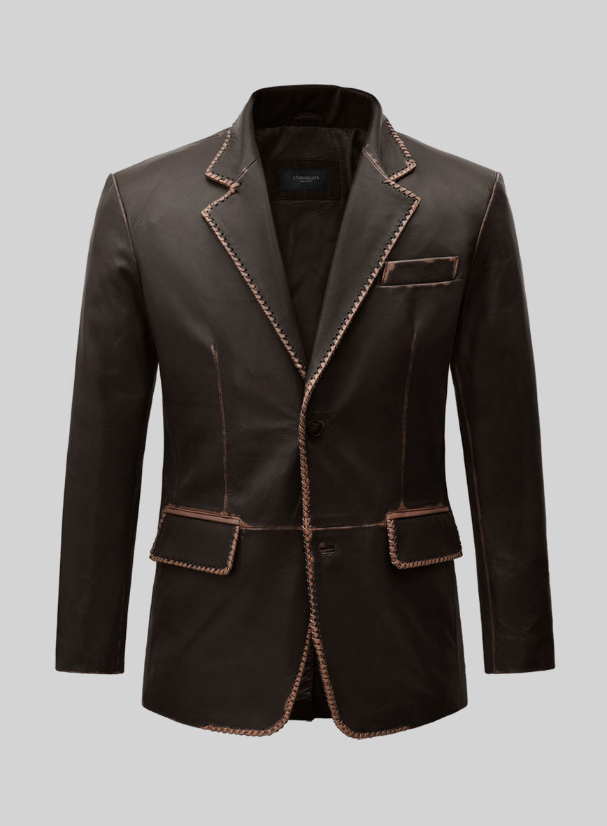 Rubbed Brown Medieval Leather Blazer - StudioSuits
