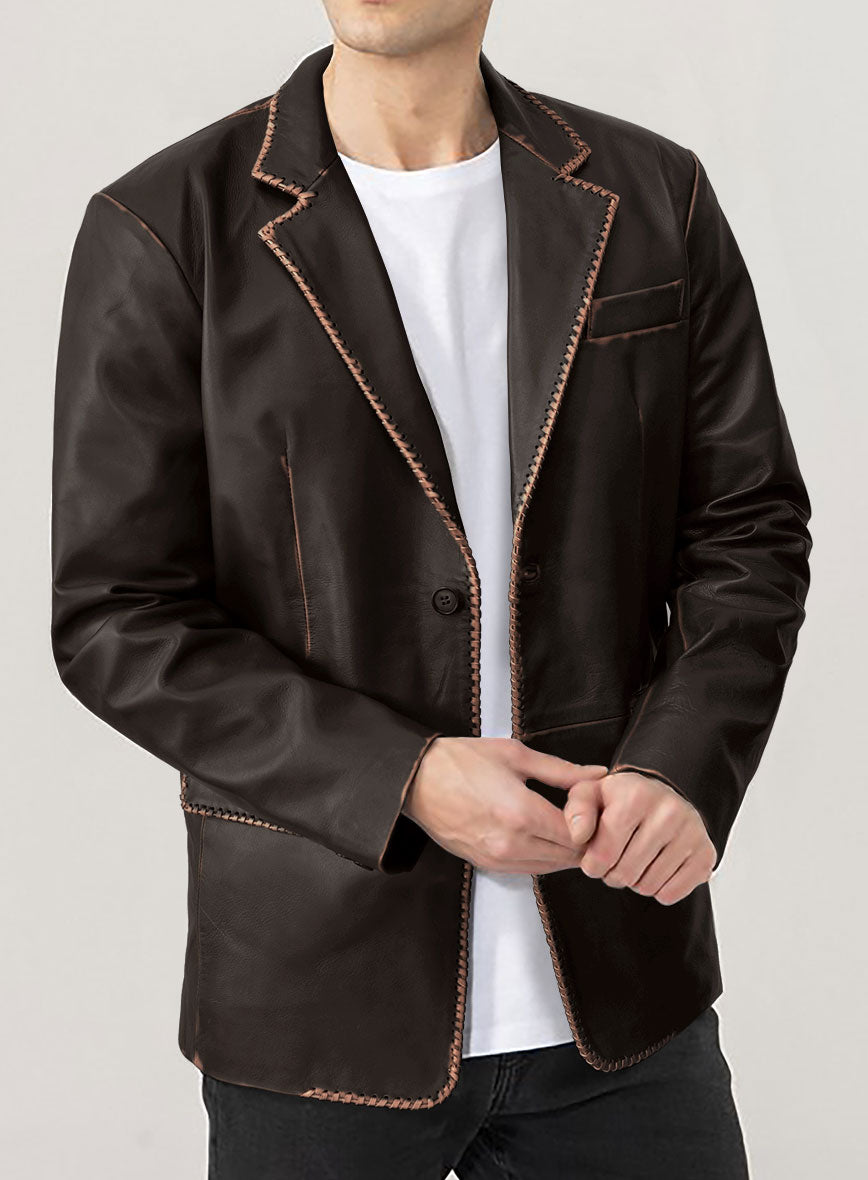 Rubbed Brown Medieval Leather Blazer - StudioSuits