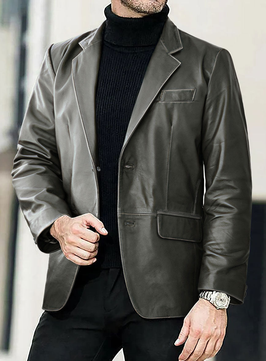 Rubbed Charcoal Leather Blazer - StudioSuits