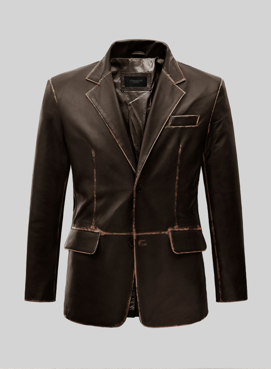 Rubbed Dark Brown Leather Blazer - StudioSuits