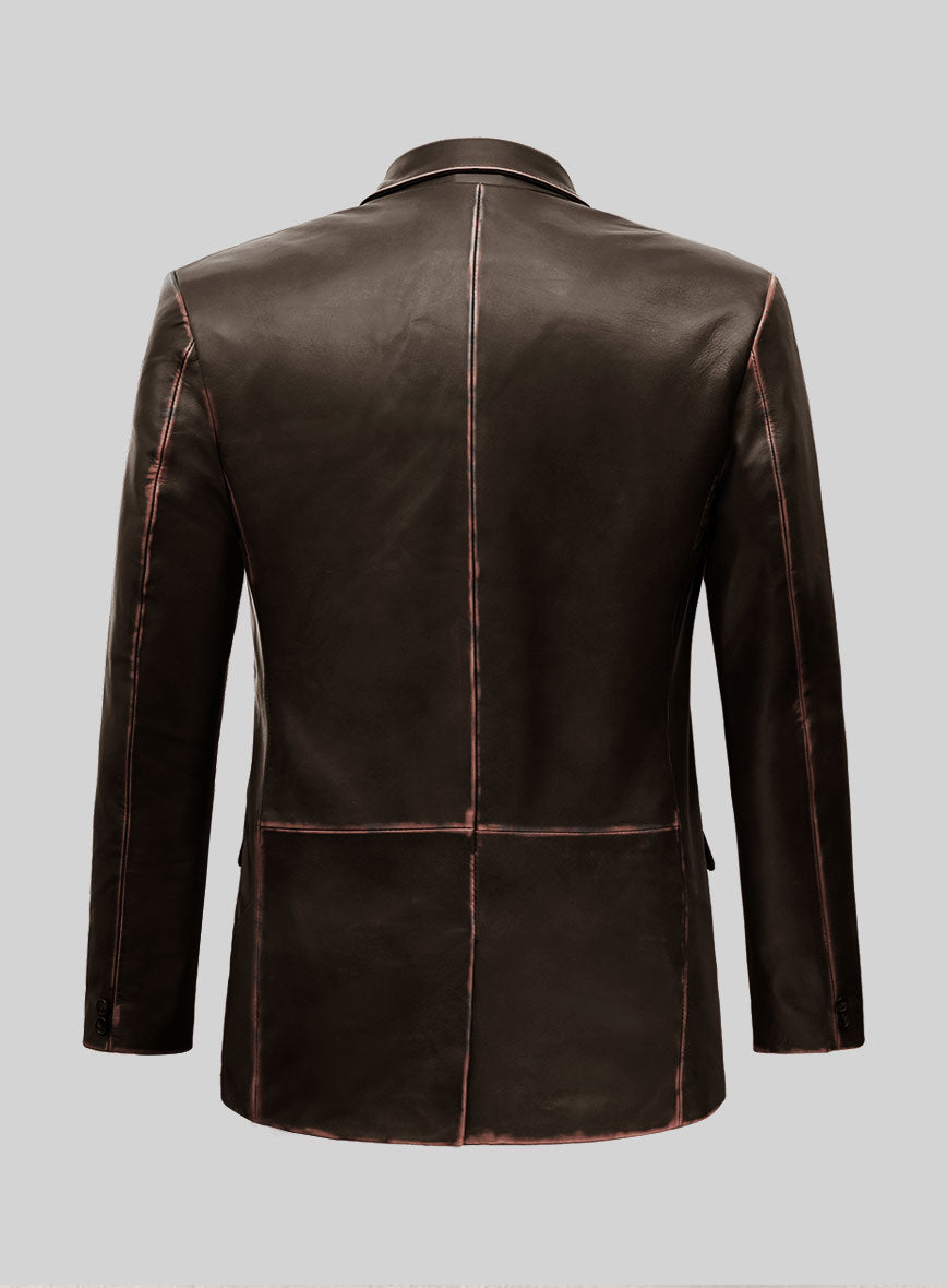 Rubbed Dark Brown Leather Blazer - StudioSuits