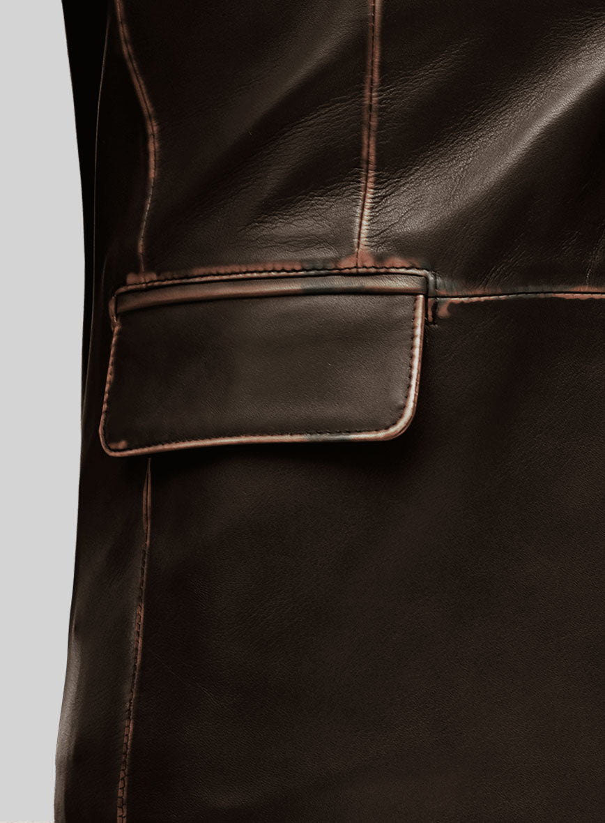 Rubbed Dark Brown Leather Blazer - StudioSuits