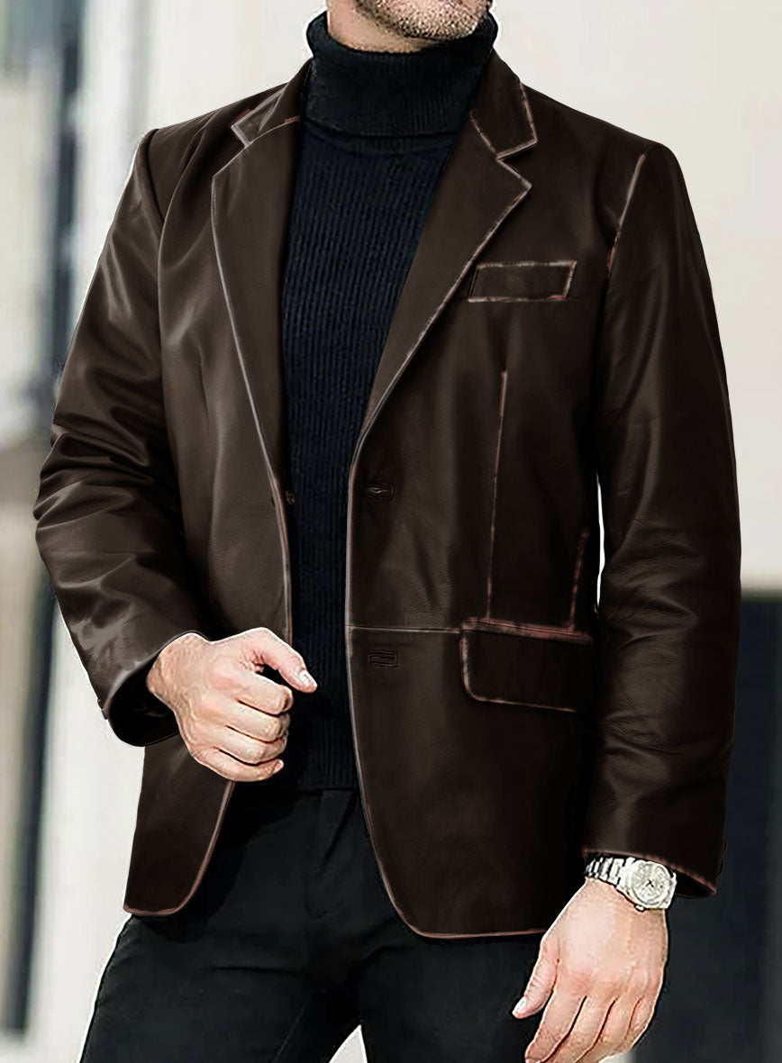 Rubbed Dark Brown Leather Blazer - StudioSuits