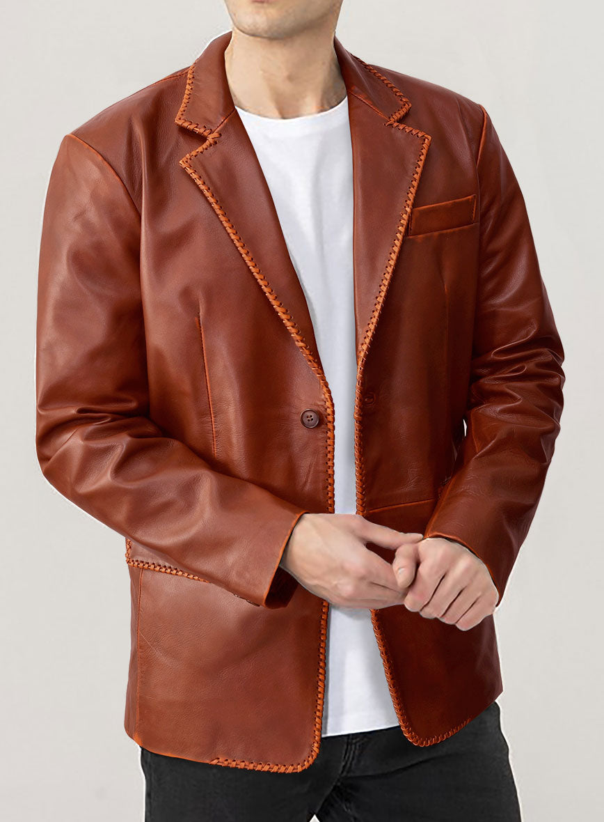 Rubbed Tan Brown Medieval Leather Blazer - StudioSuits