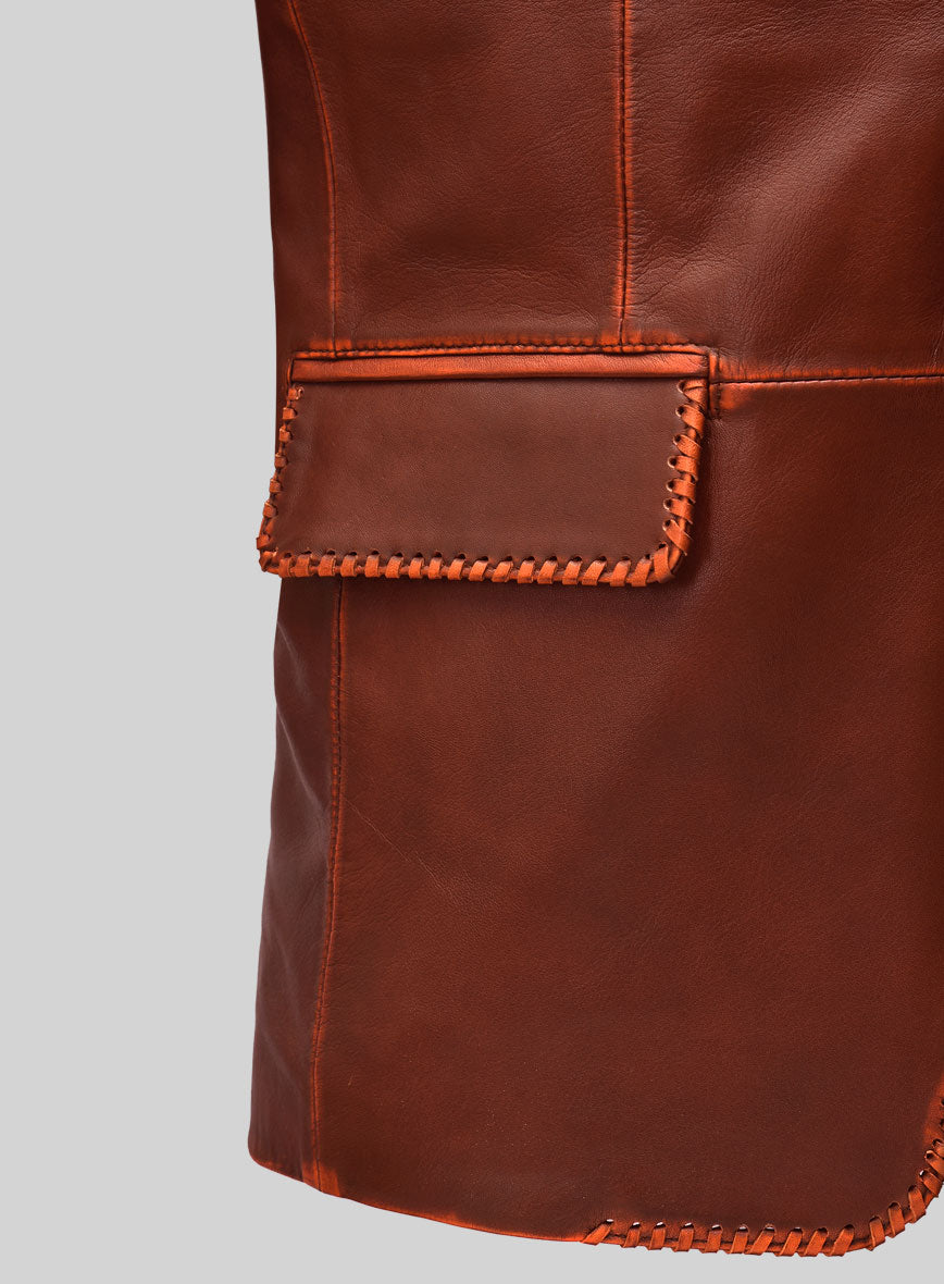 Rubbed Tan Brown Medieval Leather Blazer - StudioSuits
