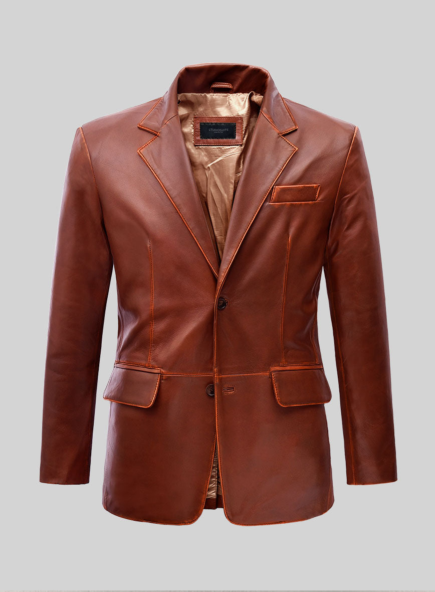 Rubbed Tan Brown Leather Blazer - StudioSuits