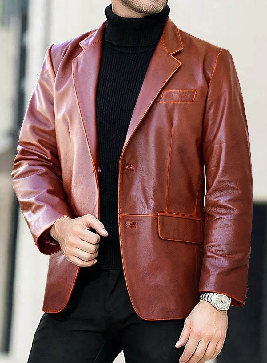 Rubbed Tan Brown Leather Blazer - StudioSuits
