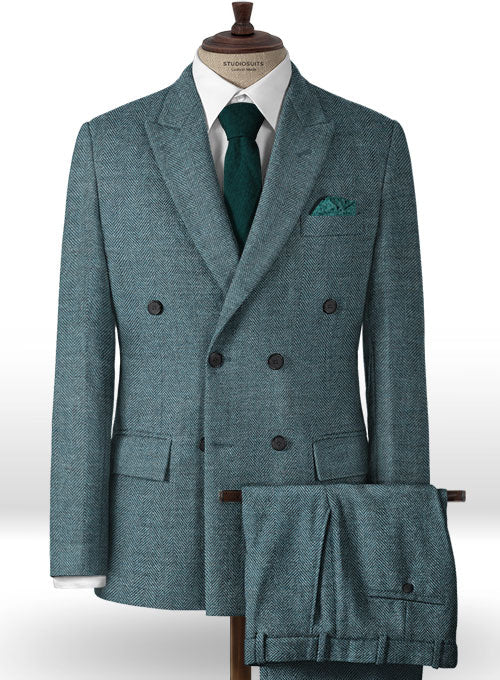 Teal Blue Herringbone Tweed Suit - StudioSuits