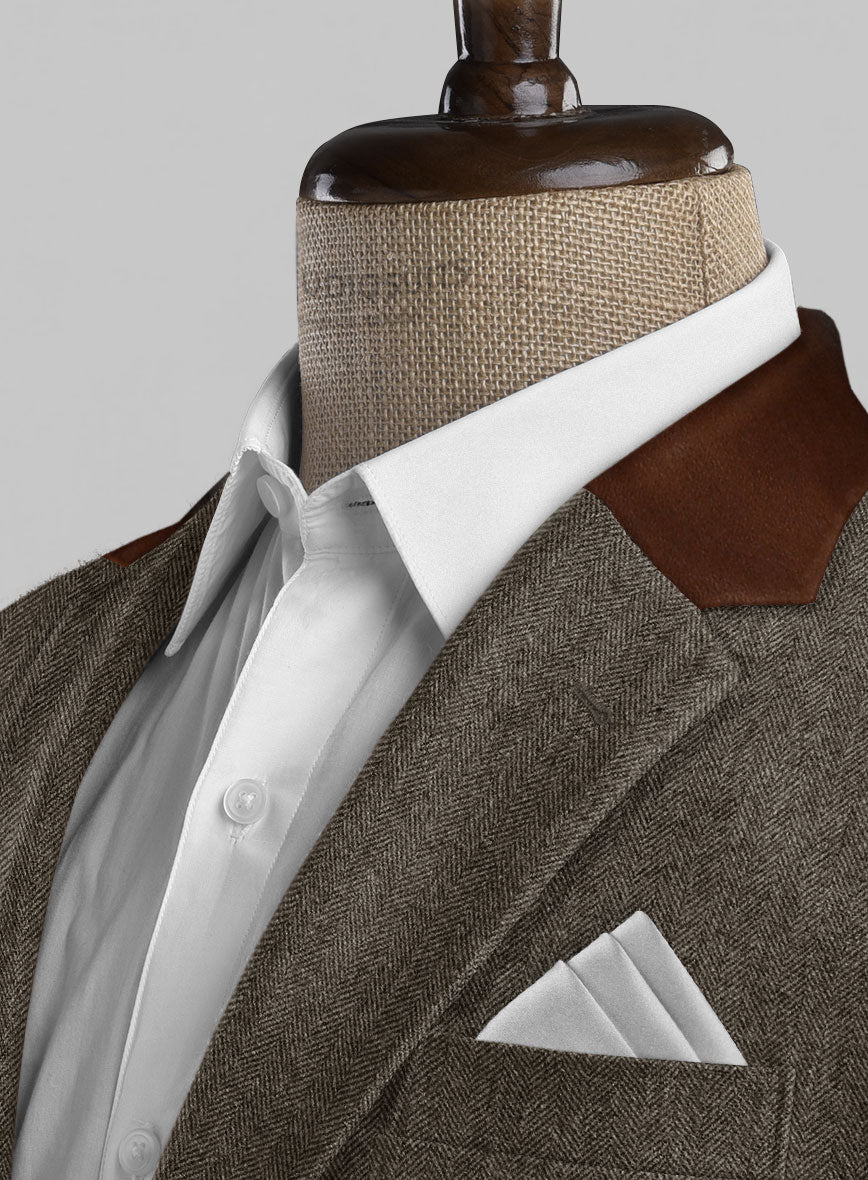 Vintage Dark Brown Herringbone Tweed Jacket - Leather Trims - StudioSuits
