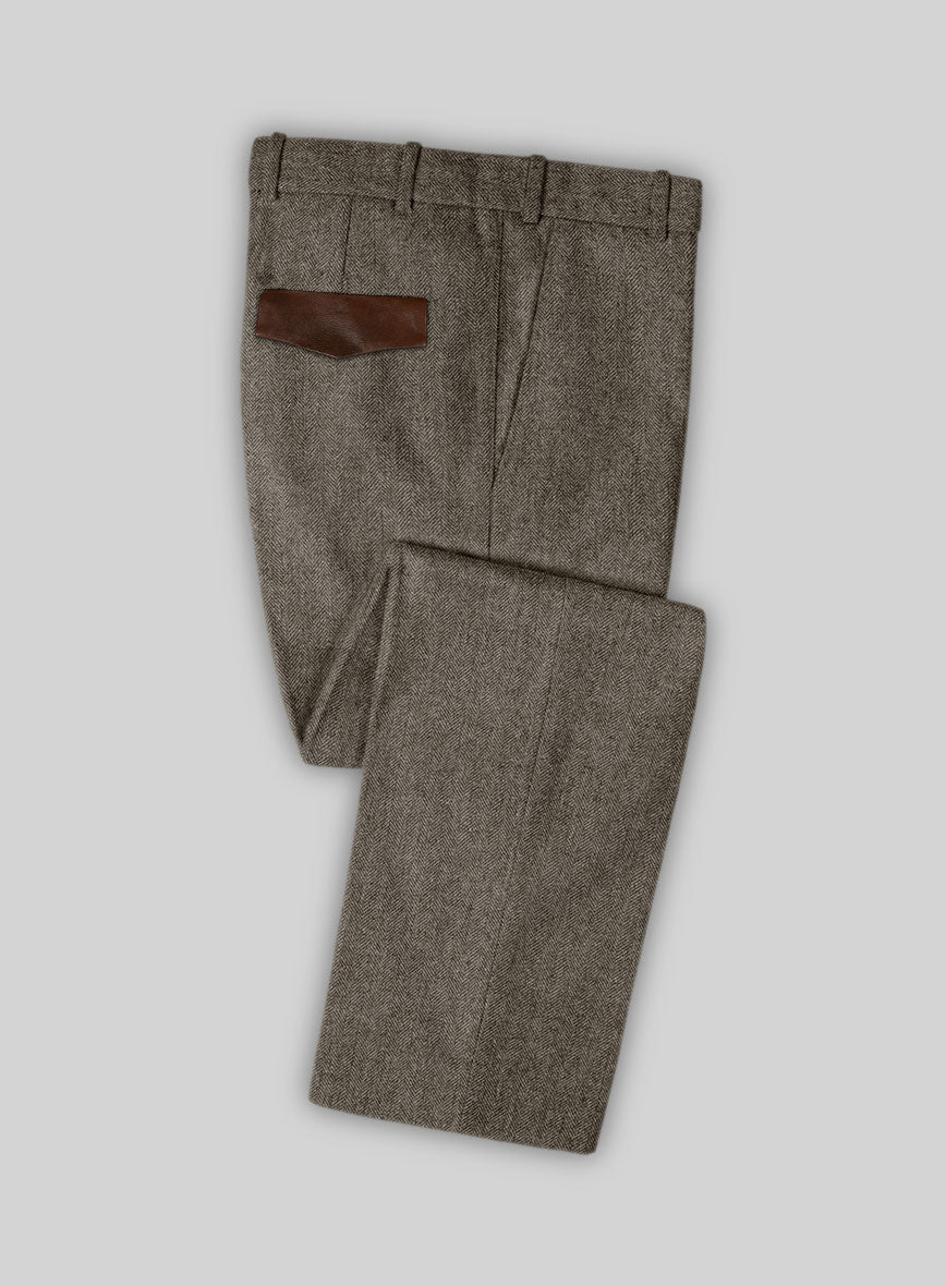 Vintage Dark Brown Herringbone Tweed Pants - Leather Trims - StudioSuits